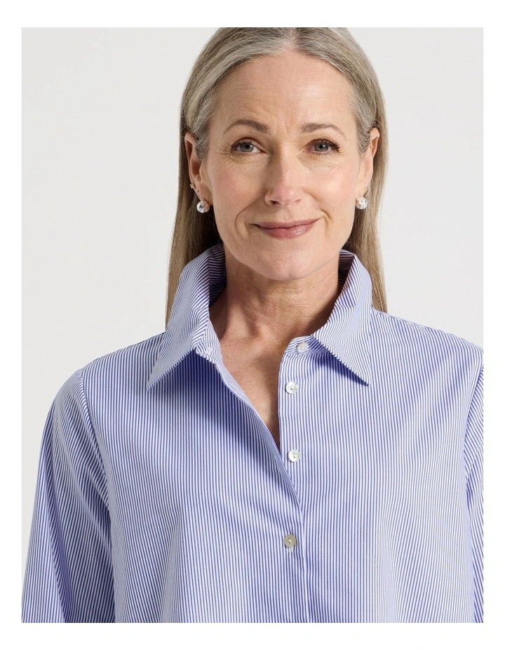 Stand Collar Long Sleeve Shirt With Forward Seams in Cobalt/White image 4