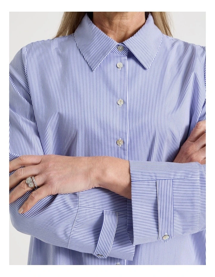 Stand Collar Long Sleeve Shirt With Forward Seams in Cobalt/White image 6