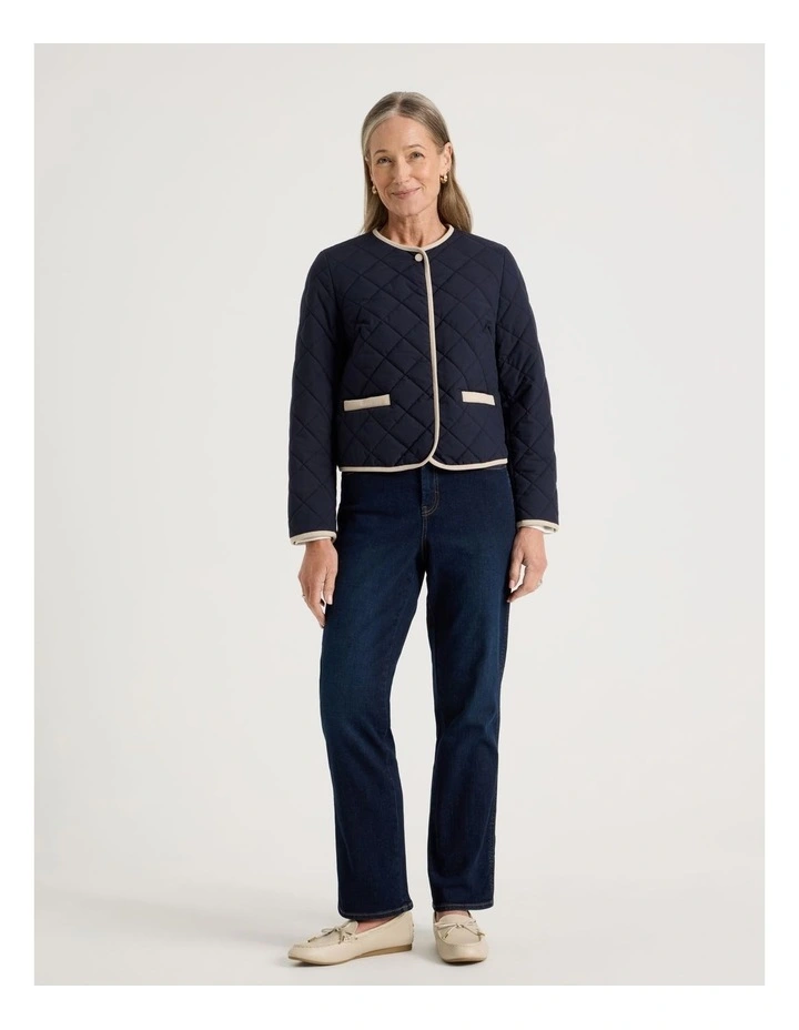 Short Collarless Puffer Jacket With Cord Trim in Navy image 2