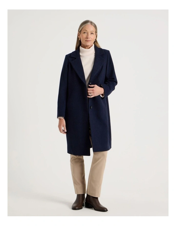 Rever Collar Coat With Diagonal Seams in Navy image 1
