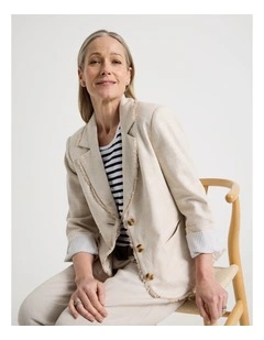 Lined Long Sleeve Linen Blazer With Fringing in Oat