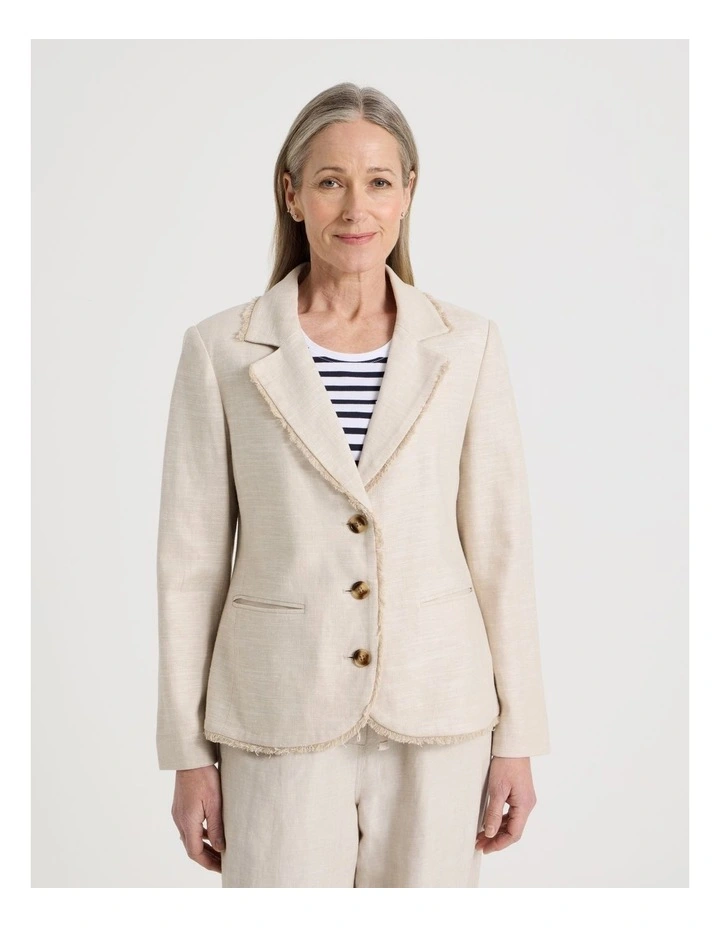 Lined Long Sleeve Linen Blazer With Fringing in Oat image 5