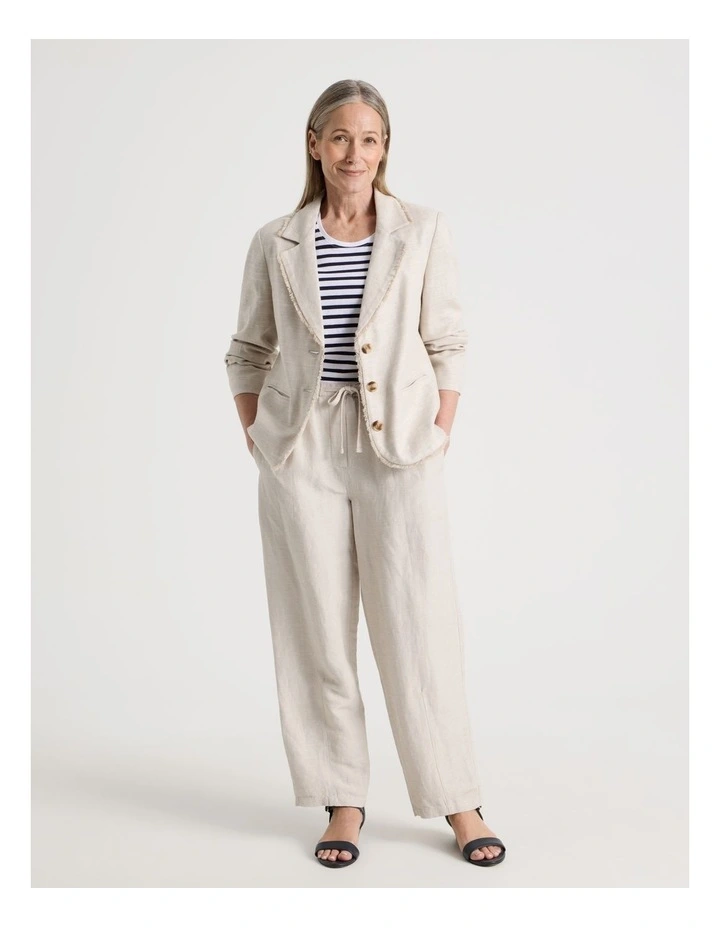 Lined Long Sleeve Linen Blazer With Fringing in Oat image 7
