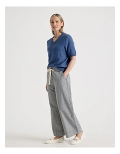 Elastic Waist Ticking Stripe Straight Leg Pant in Navy/White