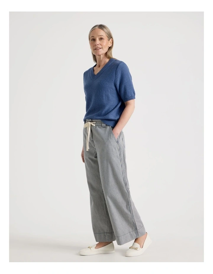 Elastic Waist Ticking Stripe Straight Leg Pant in Navy/White image 1