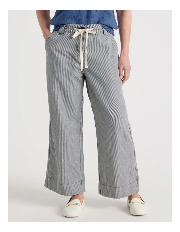 Elastic Waist Ticking Stripe Straight Leg Pant in Navy/White image 2