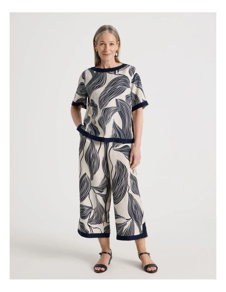 Wide Leg Crop Linen Blend Pant With Solid Contrasts in Neutral Navy Print image 1