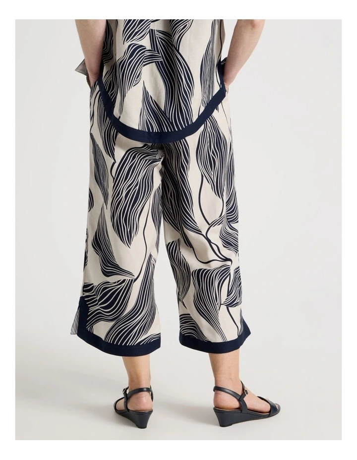 Wide Leg Crop Linen Blend Pant With Solid Contrasts in Neutral Navy Print image 5