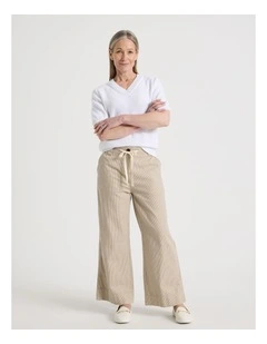 Elastic Waist Ticking Stripe Straight Leg Pant in Neutral/White