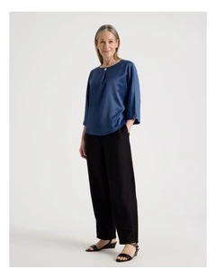 Elastic Waist Linen Blend Pant in Black