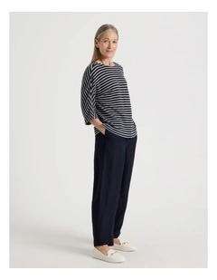 Elastic Waist Linen Blend Pant in Navy