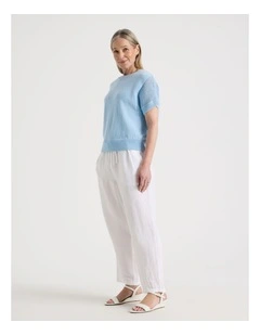 Elastic Waist Linen Blend Pant in White