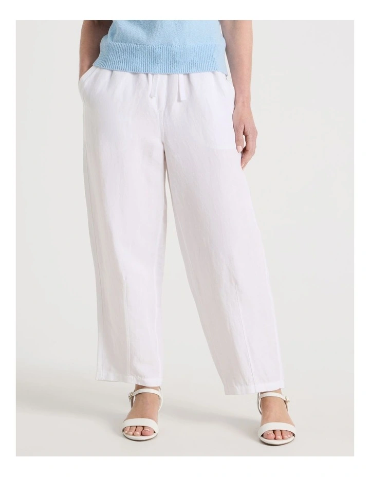 Elastic Waist Linen Blend Pant in White image 2