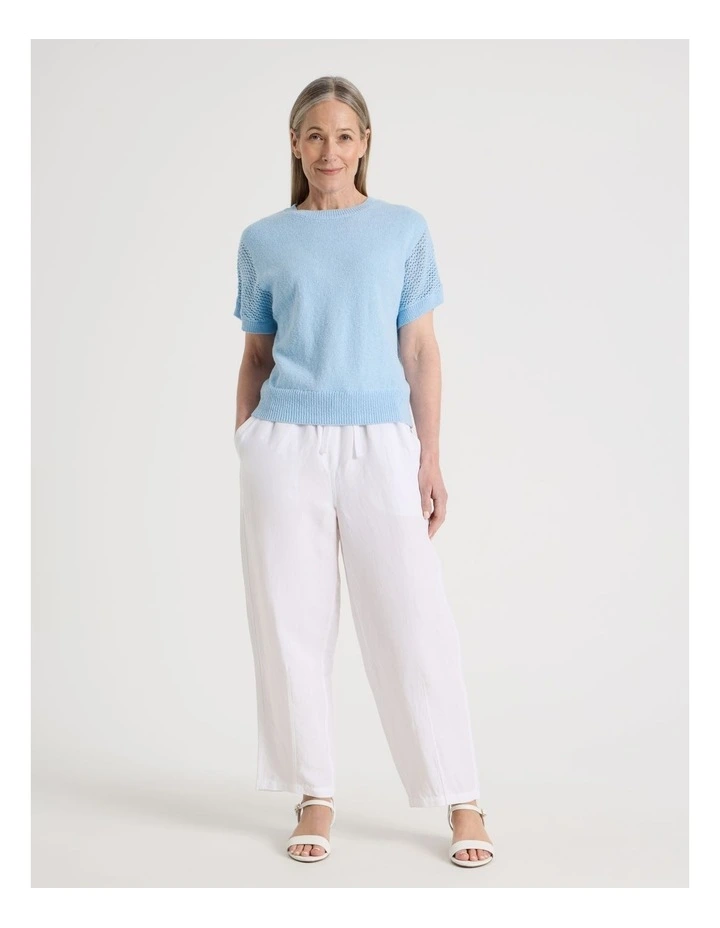 Elastic Waist Linen Blend Pant in White image 3