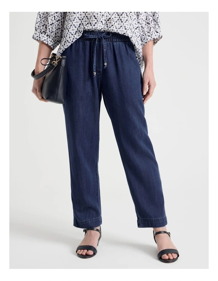 Elastic Waist Tapered Light Weight Denim Pant In Dark Wash image 2