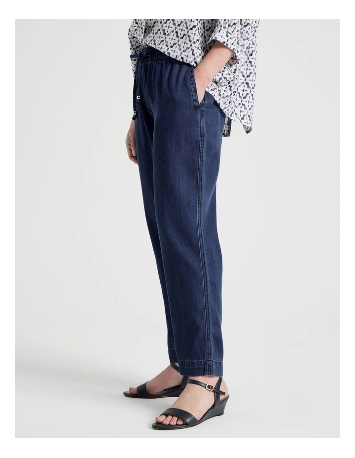 Elastic Waist Tapered Light Weight Denim Pant In Dark Wash image 4