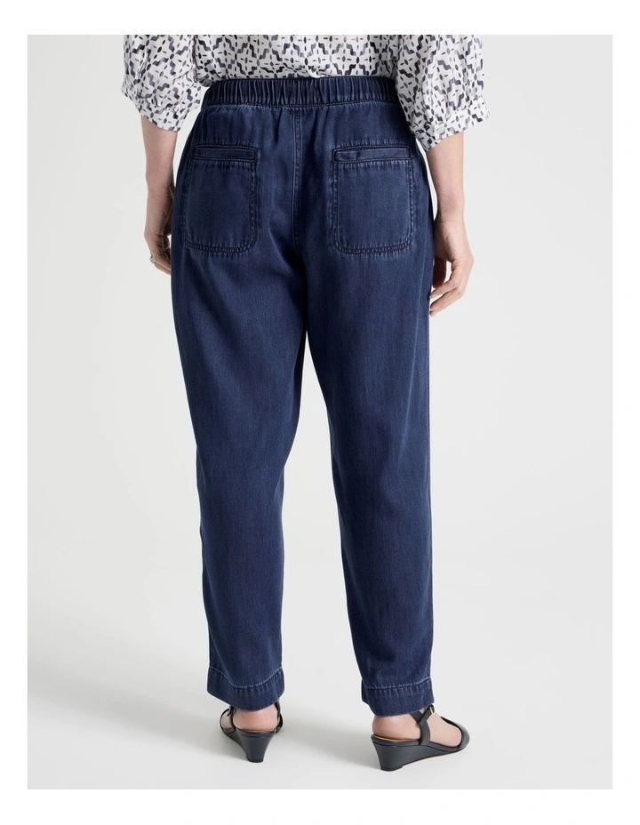 Elastic Waist Tapered Light Weight Denim Pant In Dark Wash image 6