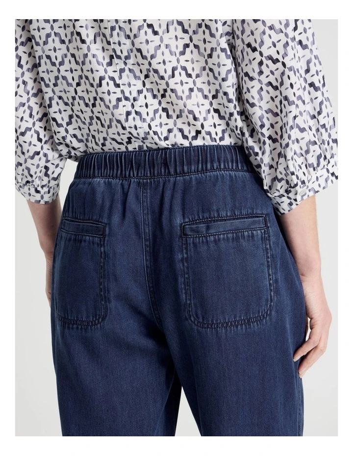 Elastic Waist Tapered Light Weight Denim Pant In Dark Wash image 7