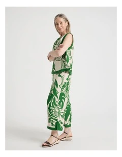 Petites Wide Leg Crop Linen Blend Pant With Solid Contrasts in Neutral/Leaf Green Print