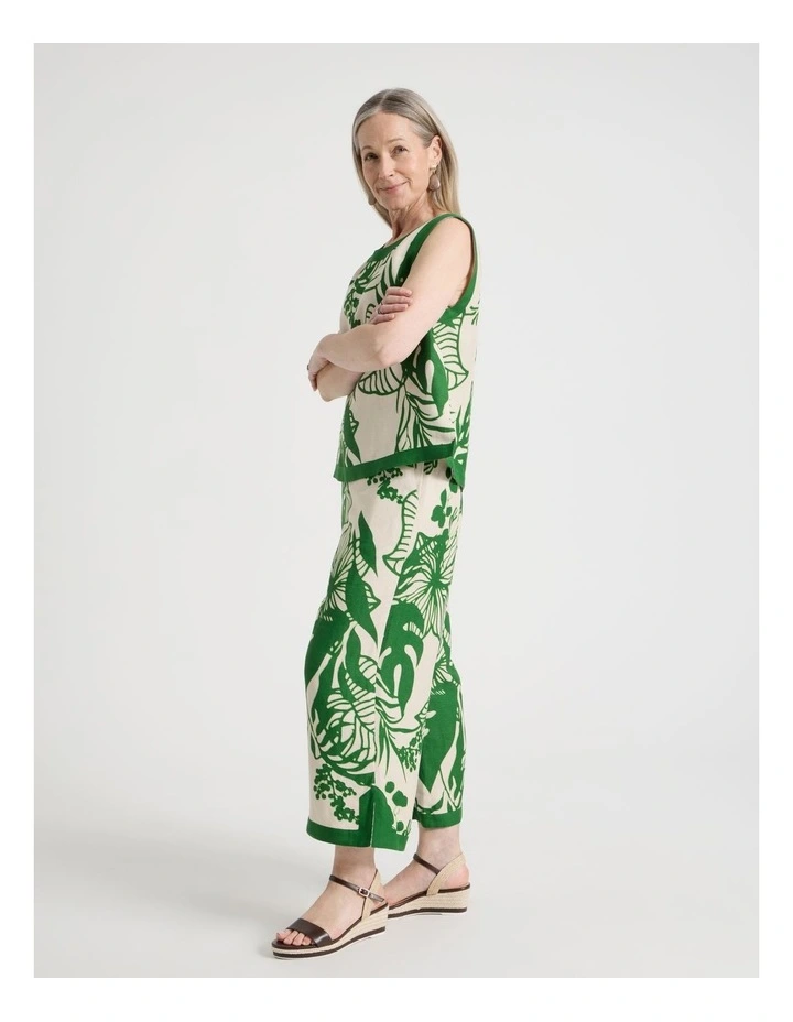 Petites Wide Leg Crop Linen Blend Pant With Solid Contrasts in Neutral/Leaf Green Print image 1