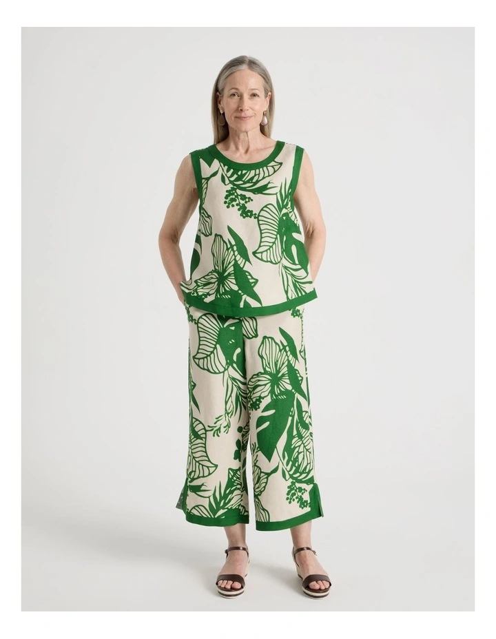 Petites Wide Leg Crop Linen Blend Pant With Solid Contrasts in Neutral/Leaf Green Print image 3