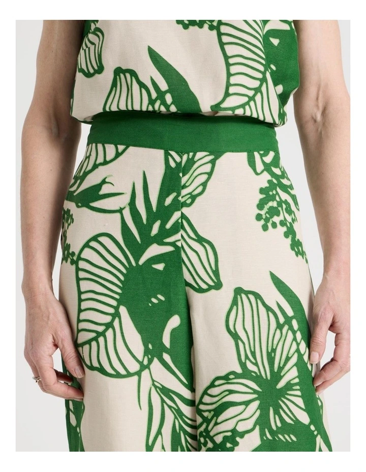 Petites Wide Leg Crop Linen Blend Pant With Solid Contrasts in Neutral/Leaf Green Print image 4