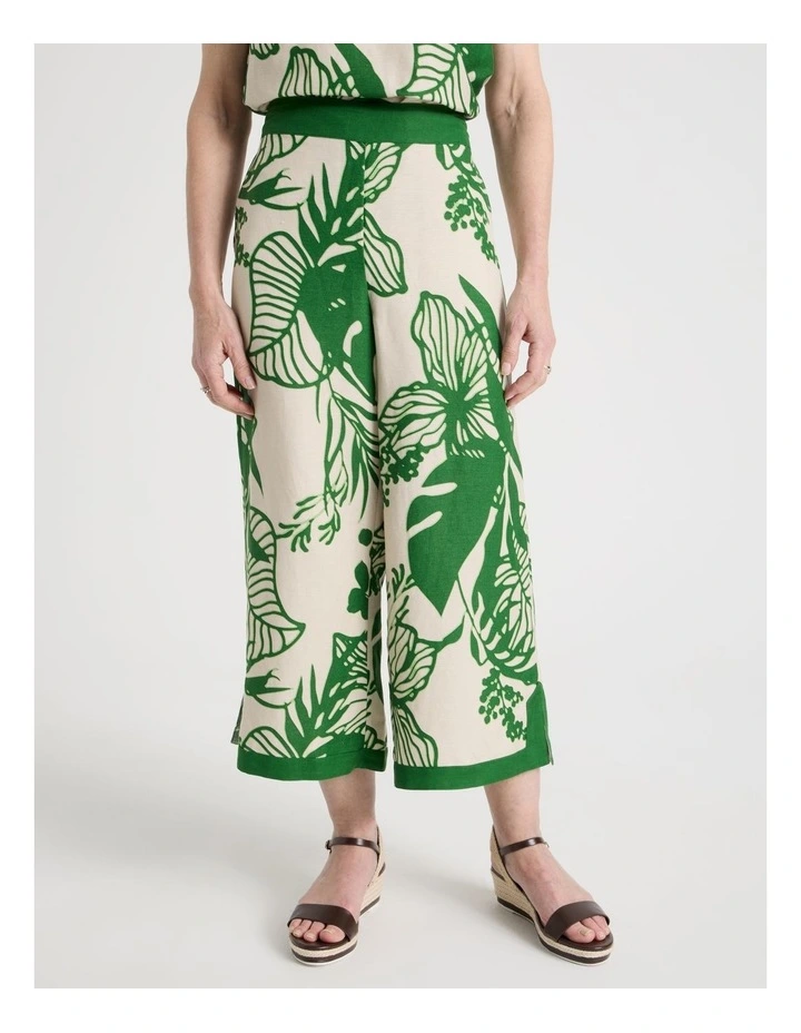 Petites Wide Leg Crop Linen Blend Pant With Solid Contrasts in Neutral/Leaf Green Print image 5