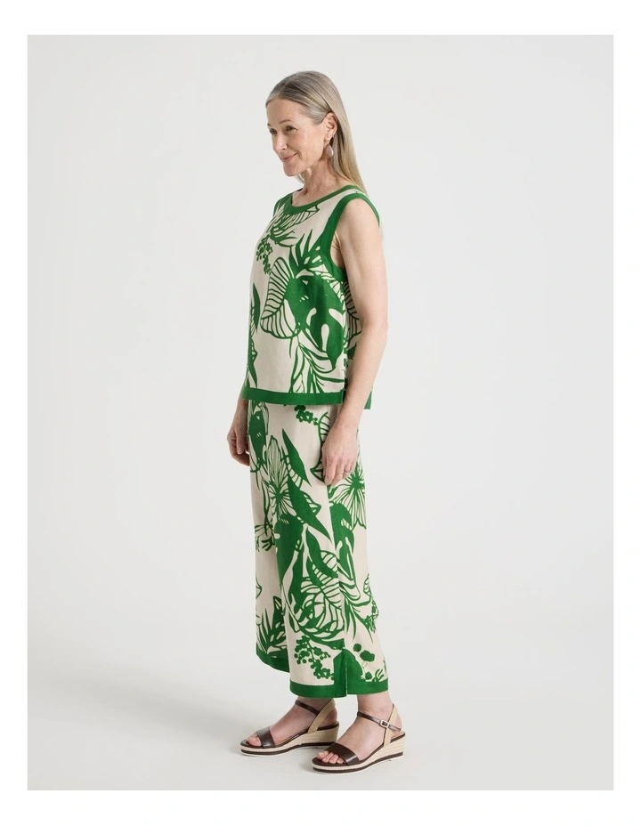 Petites Wide Leg Crop Linen Blend Pant With Solid Contrasts in Neutral/Leaf Green Print image 7