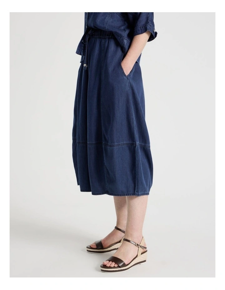 Petites Elastic Back Tulip Hem Light Weight Denim Skirt in Dark Wash image 2