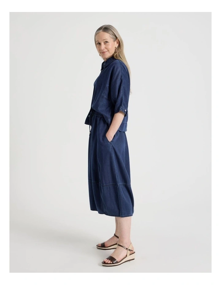 Petites Elastic Back Tulip Hem Light Weight Denim Skirt in Dark Wash image 3