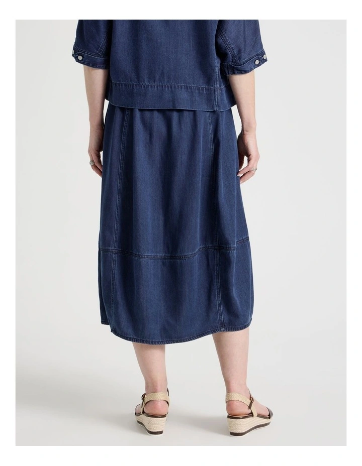 Petites Elastic Back Tulip Hem Light Weight Denim Skirt in Dark Wash image 5