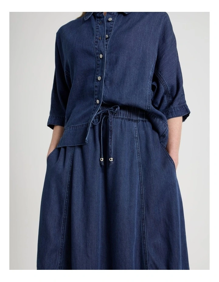 Petites Elastic Back Tulip Hem Light Weight Denim Skirt in Dark Wash image 6