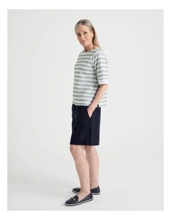 Elastic Waist Linen Blend Short with Patch Pockets in Navy