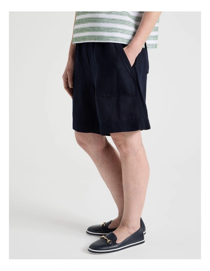 Elastic Waist Linen Blend Short with Patch Pockets in Navy image 2