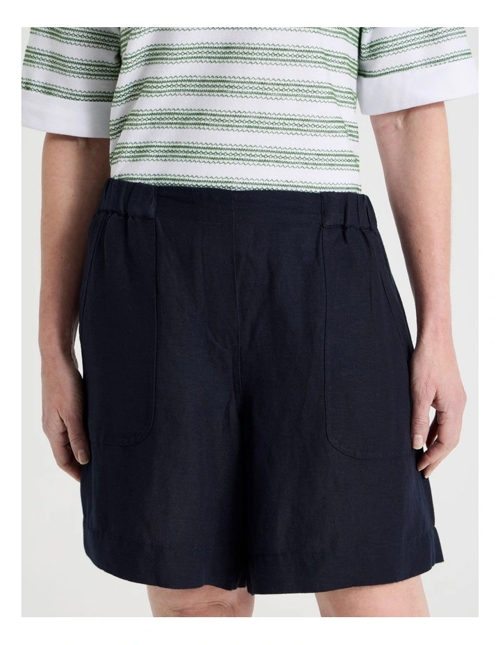 Elastic Waist Linen Blend Short with Patch Pockets in Navy image 4