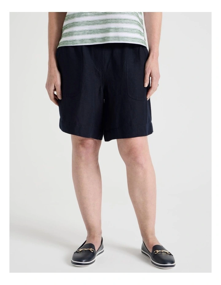 Elastic Waist Linen Blend Short with Patch Pockets in Navy image 5