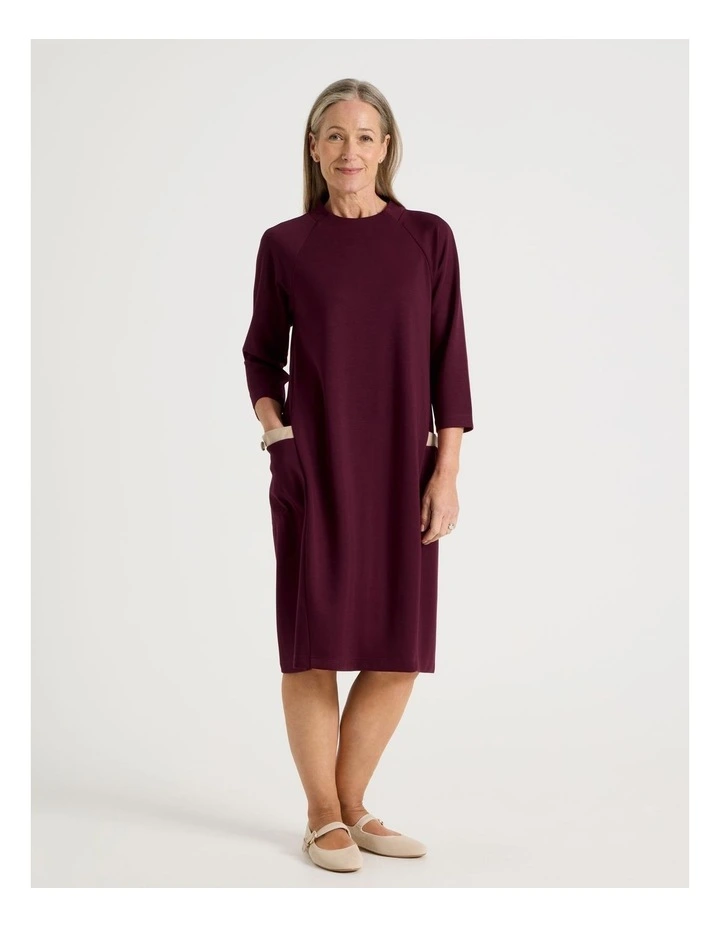 Long Sleeve Knit Dress with Contrast Pocket Tabs in Burgundy image 1