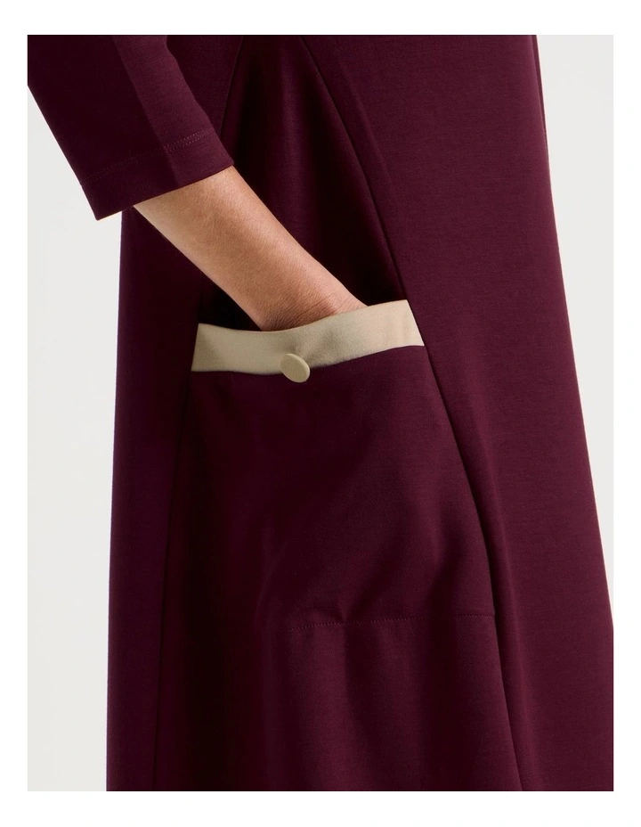 Long Sleeve Knit Dress with Contrast Pocket Tabs in Burgundy image 3