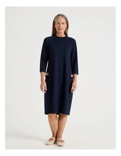 Long Sleeve Knit Dress with Contrast Pocket Tabs in Navy