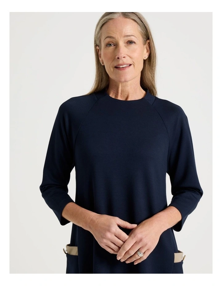 Long Sleeve Knit Dress with Contrast Pocket Tabs in Navy image 2