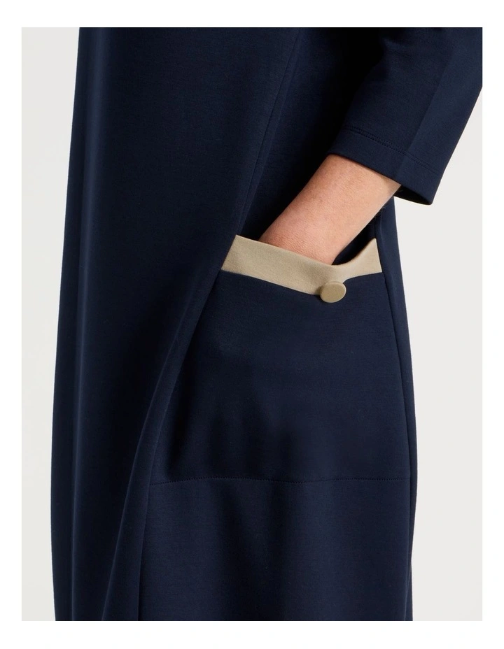 Long Sleeve Knit Dress with Contrast Pocket Tabs in Navy image 3