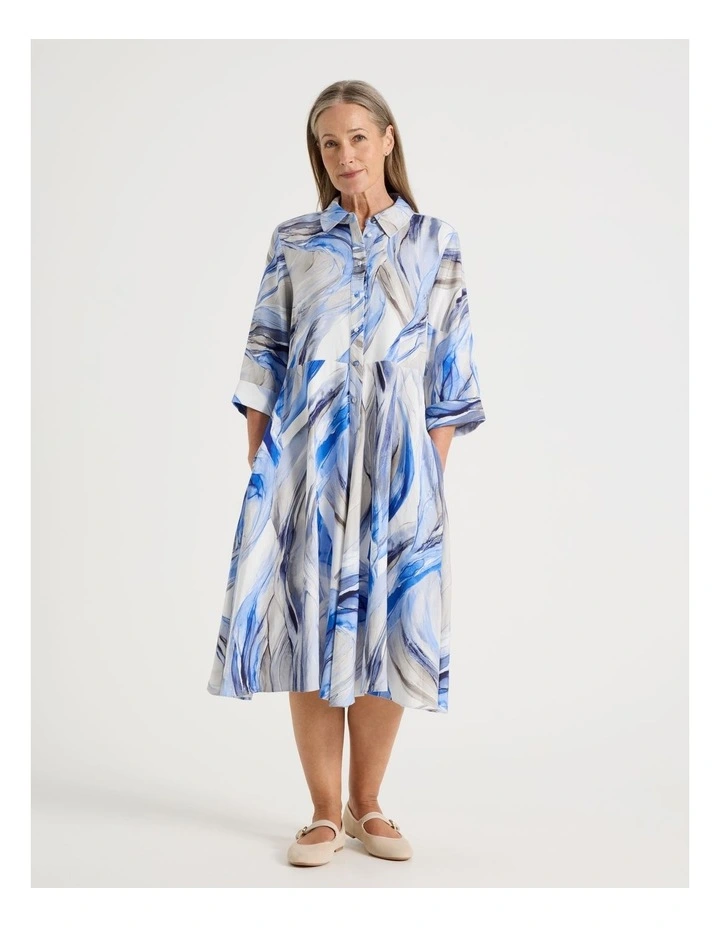Long Sleeve Shirt Dress with Flared Skirt in Blue Ocean Print image 1