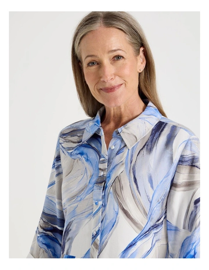 Long Sleeve Shirt Dress with Flared Skirt in Blue Ocean Print image 2