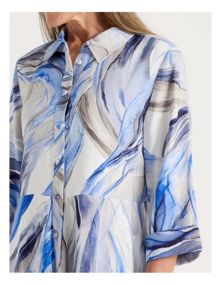 Long Sleeve Shirt Dress with Flared Skirt in Blue Ocean Print image 3