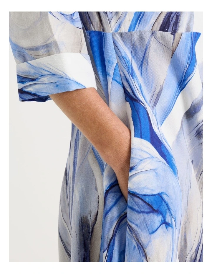 Long Sleeve Shirt Dress with Flared Skirt in Blue Ocean Print image 4