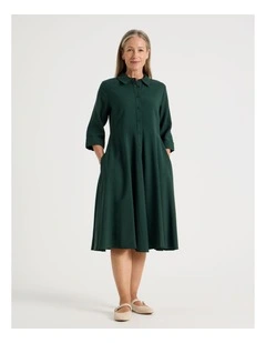 Long Sleeve Shirt Dress with Flared Skirt in Forest