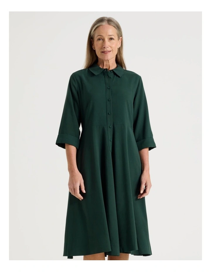 Long Sleeve Shirt Dress with Flared Skirt in Forest image 3