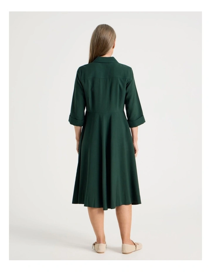 Long Sleeve Shirt Dress with Flared Skirt in Forest image 5