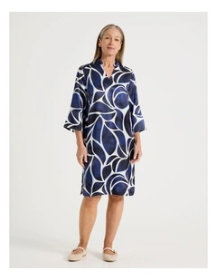 3/4 Sleeve Dress with Stand Collar and Notch Neck in Blues Shell Print