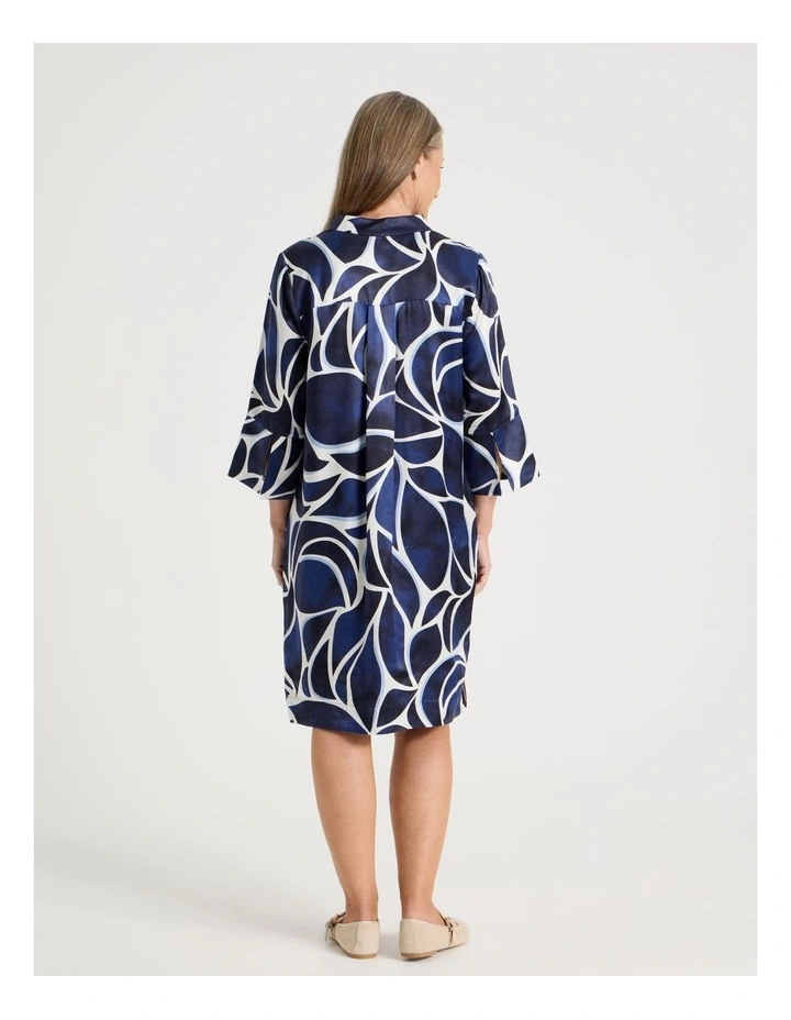 3/4 Sleeve Dress with Stand Collar and Notch Neck in Blues Shell Print image 5